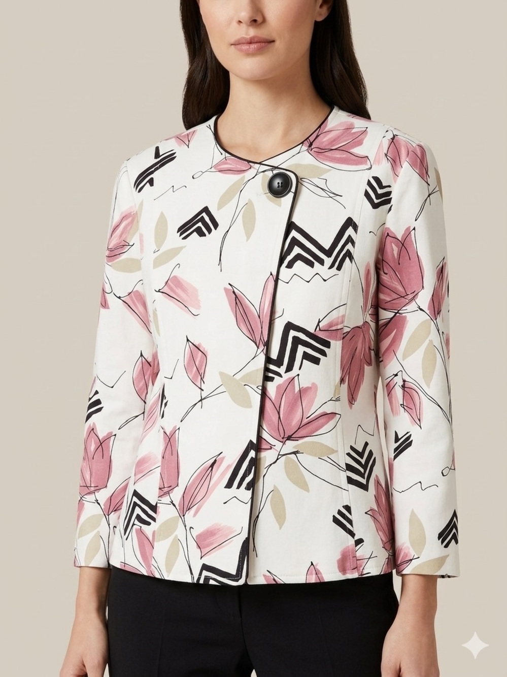 600 west Y2K Printed Round-Neck Blazer Pink White Sz 12 Office Old money Lux
